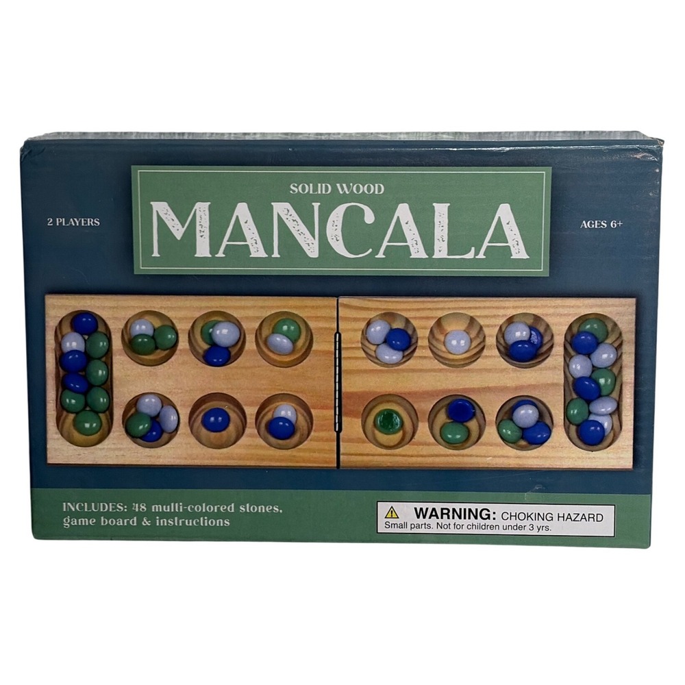 Solid‎ Wood Mancala Strategy Board Game Set with 48 Multi-Colored Stones Ages 6+